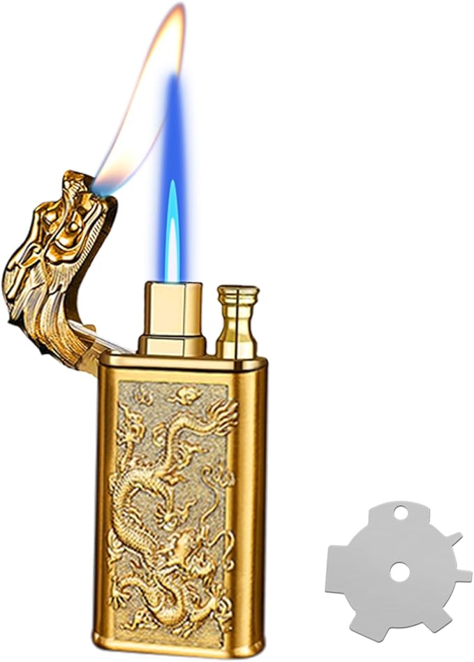 Torch Lighter, Relief Dragon Design Magic Dual Flame Lighter with Adjusting Flame Tool, Creative Windproof Lighter, Cool Jet Flame Butane Lighter, Refillable Butane Lighter for Outdoor Indoor