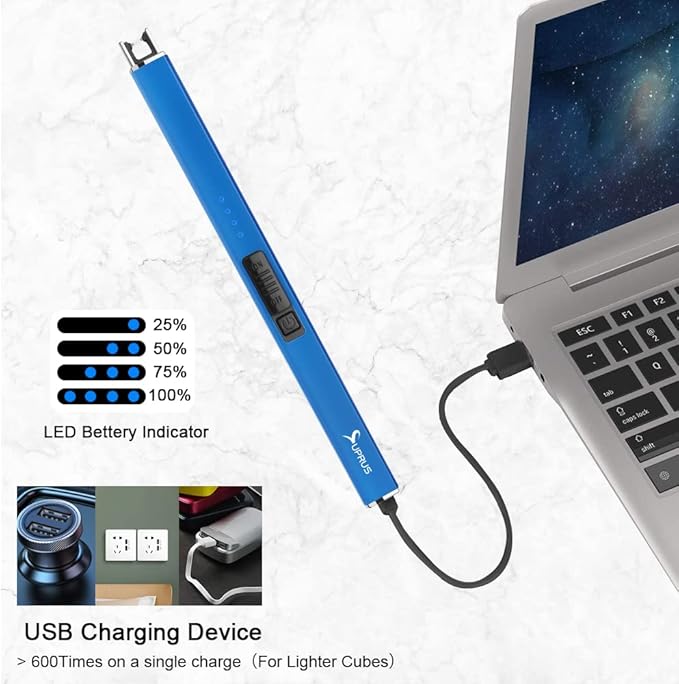 SUPRUS Fluorescent Lighter Glows in The Dark Electric Lighter Candle Lighter Rechargeable USB Arc lighters with Safety Lock Windproof Flameless Plasma for Candle BBQ Camping (Blue)