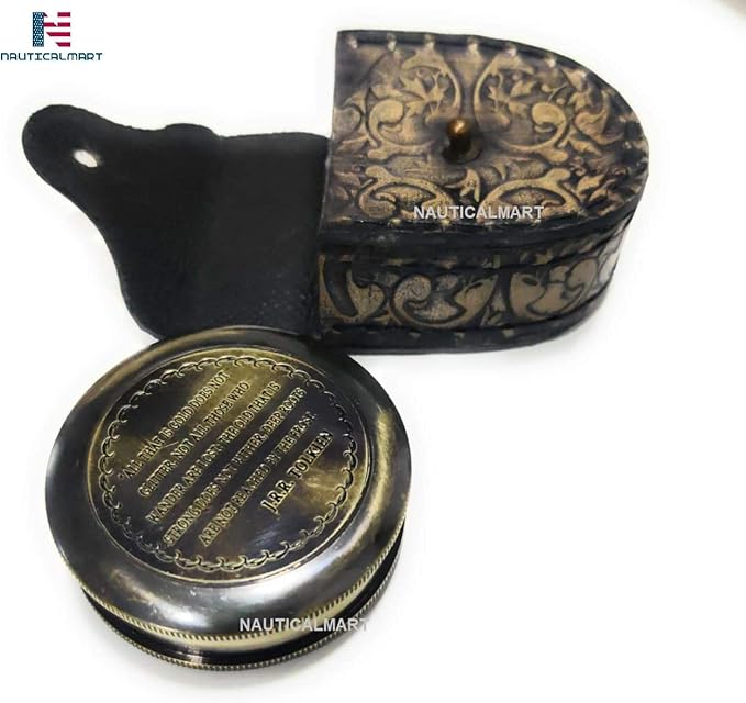 Antique Nautical Vintage Directional Magnetic Engraved Compass Leather Case Graduation Day, Baptism, Communion, Confirmation Day, Motivational Loved Ones, Son, Father, Partner J.R.R. Tolkien