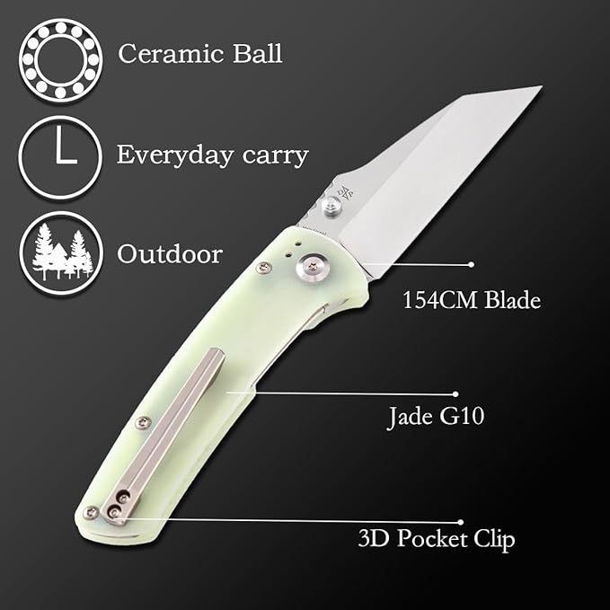 KANSEPT Mian Street Folding Pocket Knife 7.92in Liner Lock Folding Pocket Knives Liner Lock with 3.36in Stonewashed 154CM Blade and Jade G10 Handle for Outdoor, Tactical, Survival T1015B1