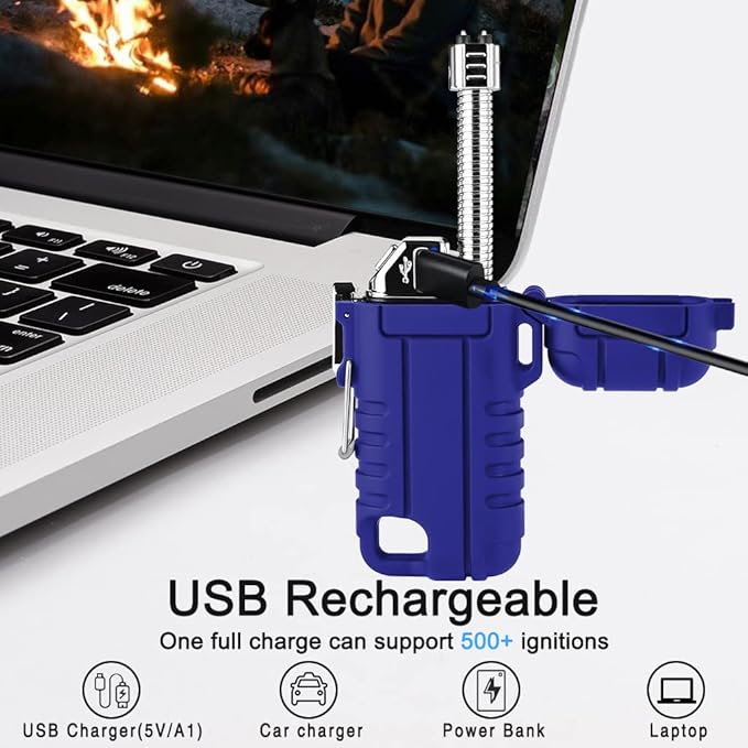 SUPRUS Waterproof Lighter Windproof Lighter Arc Plasma Lighters USB-C Rechargeable with Expandable and Flexible Neck for Outdoor, Camping & Kitchen (Blue)