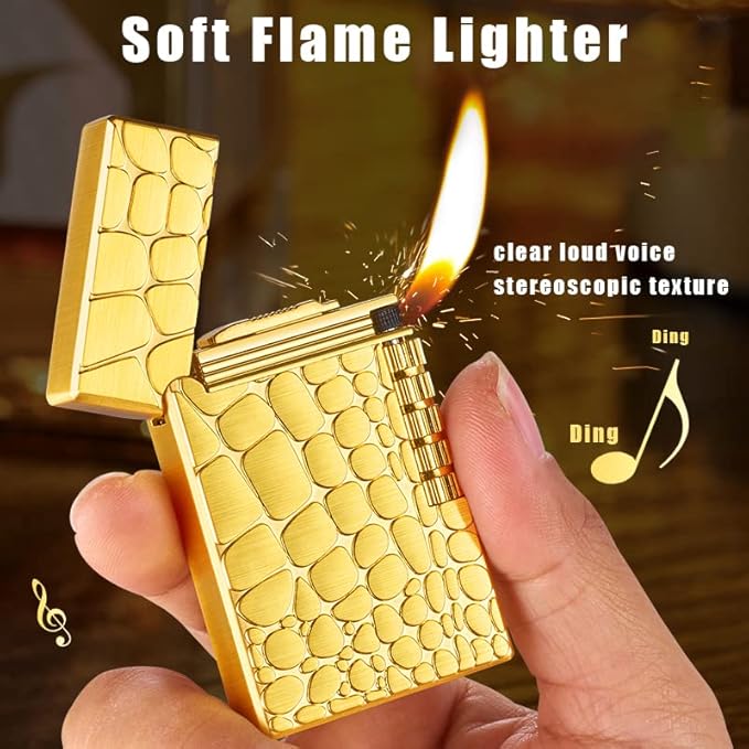 Lighters Soft Flame Lighter Traditional Flame Cigar Lighter with Adjustable Flame Dial Vertical Ignition Roller Good for Gift Outdoor Camping Hiking Fishing Grill Adventure Candle (Gold01)
