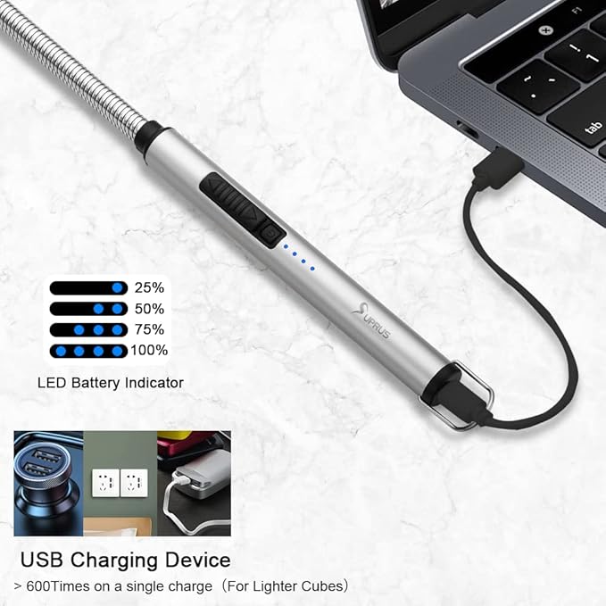 SUPRUS Electric Lighter Candle Lighter USB Type C Rechargeable Lighter Steel Shell & Hanging Hook with 360° Flexible Neck(Silver)