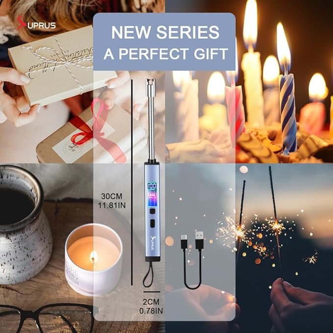 SUPRUS Electric Candle Lighter USB-C Rechargeable with Digital Battery Display Ambient Lighting Safety Switch 360° Flexible Neck Flameless Plasma Windproof Perfect for Candle BBQ Camping (Blue)