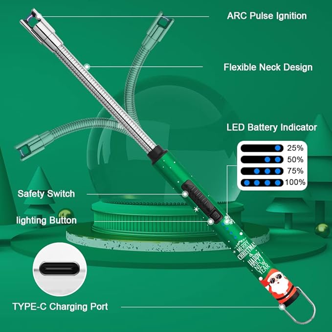 Candle Lighter SUPRUS Rechargeable Electric Arc Lighter Triple Safety Long Lighter Stainless Steel Shell & Hanging Hook with 360°Flexible Neck