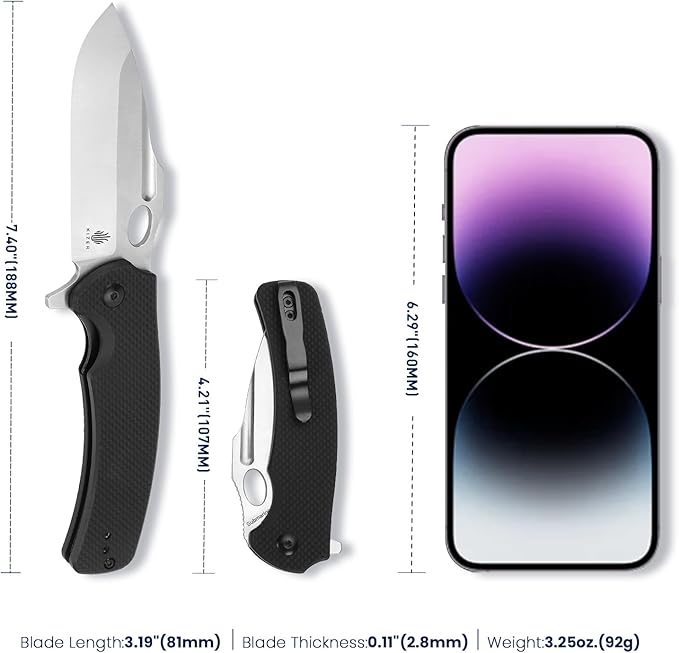 Kizer Submarine Black Pocket Knife, 3.19 In 9Cr18MoV Steel Blade, G10 Handle, Folding Knife, Pocket Knife for Men, L3005A1