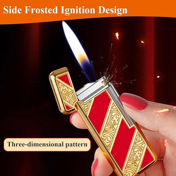 Open Flame Lighter, Classic Retro Lighter, Adjustable Open Fire Butane Flame Lighter, Slide Sliding Wheel Ignition Lighter for Kitchen, Indoor, Outdoor, Grill, Men's Gifts (Red Silver)