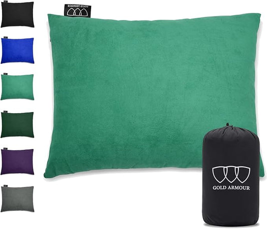 Gold Armour Camping Pillow Memory Foam - Compact Compressible Backpacking, Hammock, and Travel Pillows for Kids and Adults - Essential Outdoor & Camping Gear (Medium 14x18in, Seafoam)