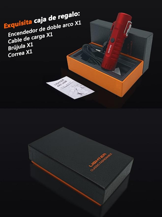 SKRFIRE Outdoor Compass Lighter Windproof Double Arc Electric Lighter Rechargeable Lighter Flashlight Lighter Waterproof Plasma Lighter with Lanyard for Camping, Hiking, Travel (Red)