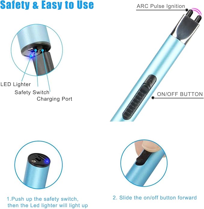 Candle Lighter, Electric USB Rechargeable Lighter Arc Long Lighter Flameless Lighter with Safe Button for Candle BBQ Grill Fireworks Cooking(Blue & Rose Gold 2Pcs)