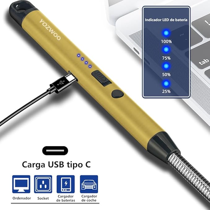 YOZWOO Candle Lighter Rechargeable USB C Lighter Windproof Flameless Plasma Arc Lighter 360° Flexible Neck Design Lighter with LED Battery Display for Candle, Fireworks, Cooking (Gold)