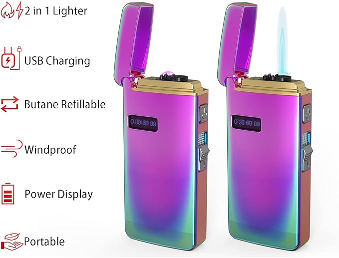 Electric Lighters 3 in 1 Rechargeable Windproof Butane Refillable,Dual Arc and Blue Jet Flame, USB Charge Type-C Cable in Gift Box, Gas Fuel Not Included