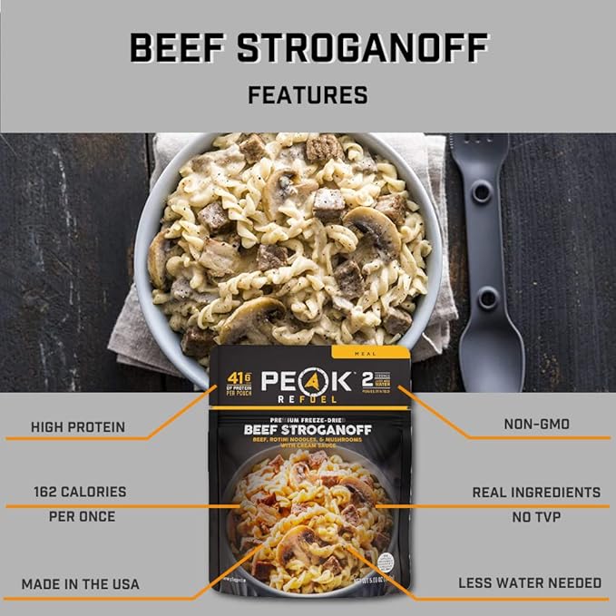 Peak Refuel Beef Stroganoff | Freeze Dried Backpacking and Camping Food | Amazing Taste | High Protein | Real Meat | Quick Prep (6-Pack)
