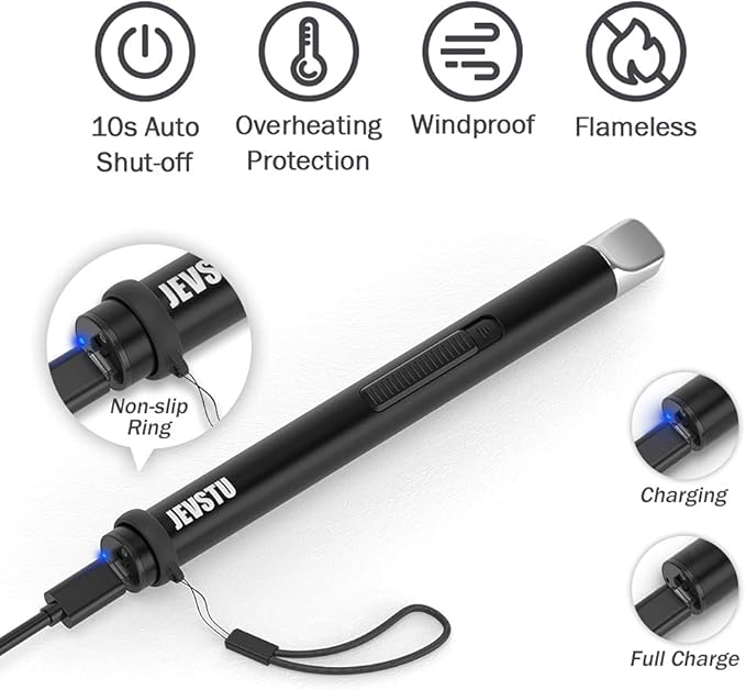 Electric Lighter, Candle Lighter USB Rechargeable Lighter, Arc Windproof Flameless Plasma Lighter Long Stick with Rope and Ring, Perfect for Candle BBQ Camping Kitchen Stove, Black