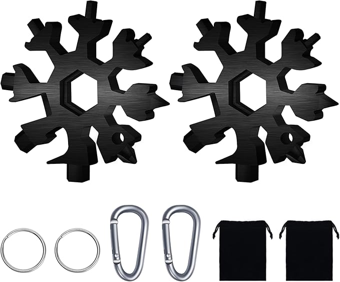 FZENeast Snowflake Multitool, 2 Pcs 18-in-1 Stainless Steel Snowflake Standard Multi-Tool, Snowflake Wrench with Key Ring, Carabiner Clip and Storage Bag (Black)