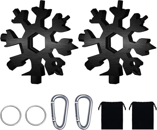 FZENeast Snowflake Multitool, 2 Pcs 18-in-1 Stainless Steel Snowflake Standard Multi-Tool, Snowflake Wrench with Key Ring, Carabiner Clip and Storage Bag (Black)