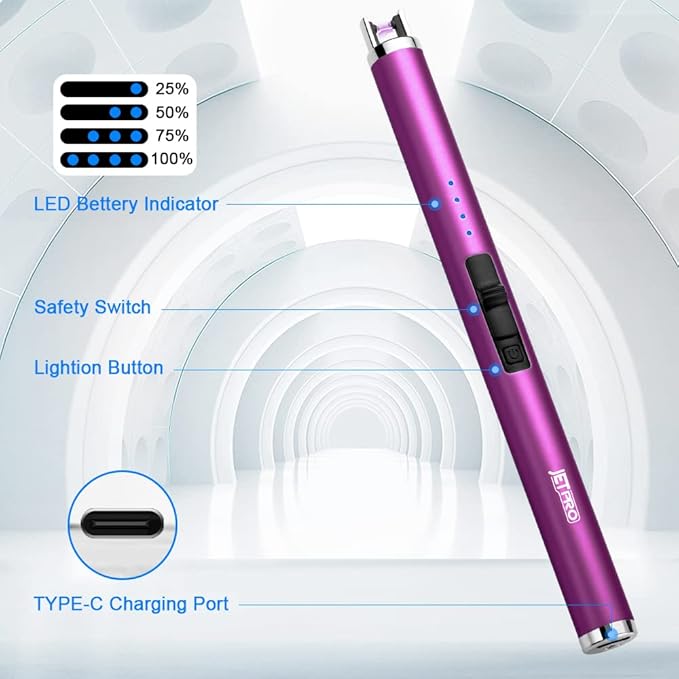 USB Rechargeable Candle Lighter Electronic Arc Lighter Windproof Flameless with Safety Button for Camping Cooking BBQ (Purple)