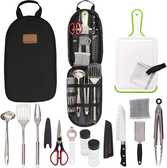 Camp Kitchen Utensil Organizer Travel Set Portable BBQ Camping Cookware Stainless Steel Utensils Travel Kit Outdoor Equipment Cutting Board Tongs Scissors Knife Ladle Spatula