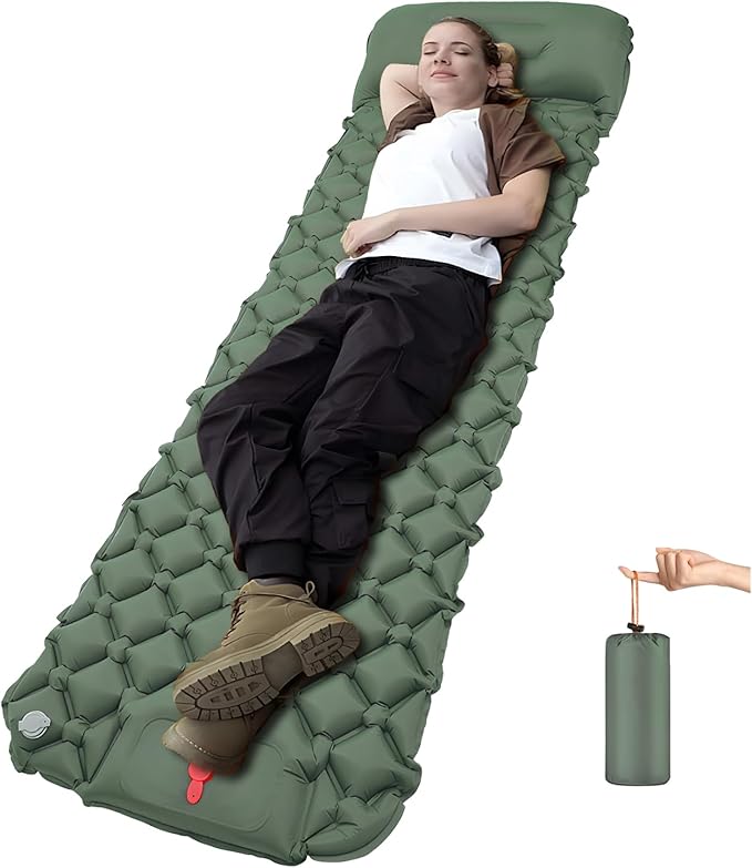 DDD Ultra-Light Inflatable Camping Sleeping Pad with its Built-in Foot Pump and Pillow - The Ultimate Camping pad, Hiking pad, Backpacking Pad and Lightweight for a Outdoor Sleep——Celadon