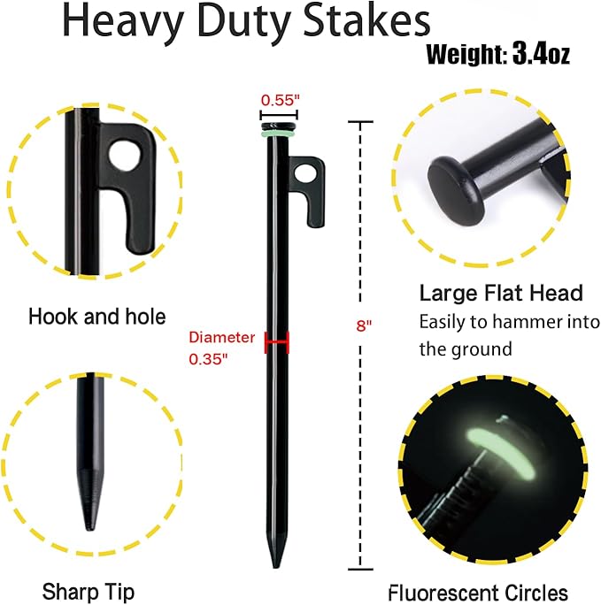 8 Pack Tent Stakes with Hammer, 8in Heavy Duty Tent Stakes + 10in Tent Stakes Hammer+Storage Pouch, Forged Steel Tent Stakes for Camping Used on Rocks(8Pcs 8in Tent Stakes and Hammer)