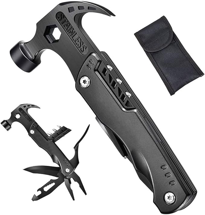 Camping Accessories Multitool Hammer, Mini Multi tool Gadgets with DIY Stickers, Safety Lock & Screwdriver Bits Set, Cool Hiking Survival Gear, Multi Tool for Outdoor, Camping