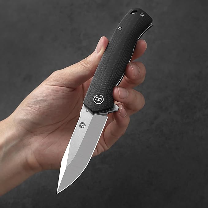 Holtzman's Gorilla Survival Folding Knife D2 Steel Blade G10 Handle Pocket Knife EDC Giftset for Men and Women (half stonewashed half silver blade + black handle)