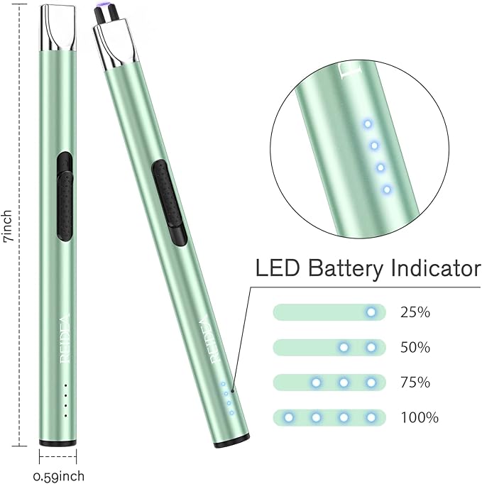 REIDEA Electric Lighter S4 Pro Candle Lighter, Windproof Flameless USB Rechargeable Arc Lighter with Safe Button and Power Indicator for Candle, BBQ and Fireworks, Mint Green