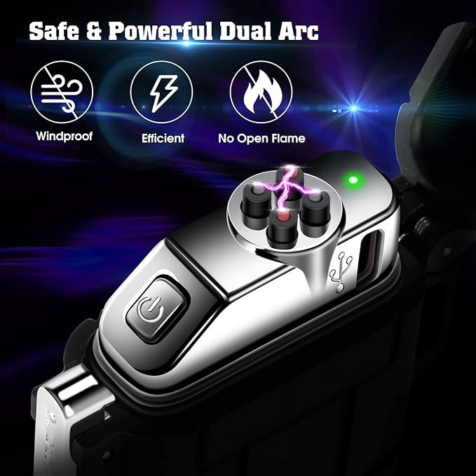 LcFun Electric Lighter, Plasma Lighter Waterproof Arc Lighter Windproof USB Lighter Rechargeable with Emergency Whistle for Hiking, Camping, Adventure, Outdoor, Survival, Tactical, EDC Gear (Black)