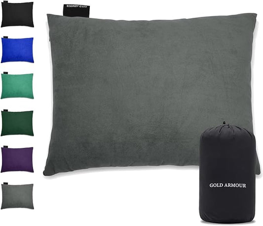 Gold Armour Camping Pillow Memory Foam - Compact Compressible Backpacking, Hammock, and Travel Pillows for Kids and Adults - Essential Outdoor & Camping Gear (Medium 14x18in, Gray)