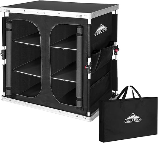 EAGLE PEAK Double Outdoor Folding Camping Table with Large 3-Tier Storage Organizer and Side Pockets, Easy Set Up Portable Aluminum Camping Kitchen, Black