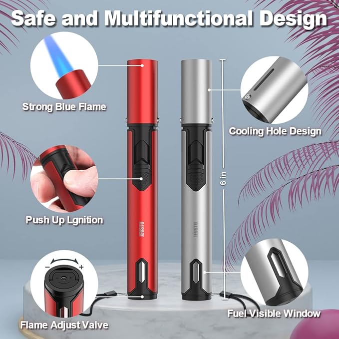 Butane Lighter, 2 Pack Torch Lighter with Fuel Level Window, Adjustable Fire Jet Torch Windproof Lighter Long for Grill Cooking Candle, Red & Silver (Gas not Included)
