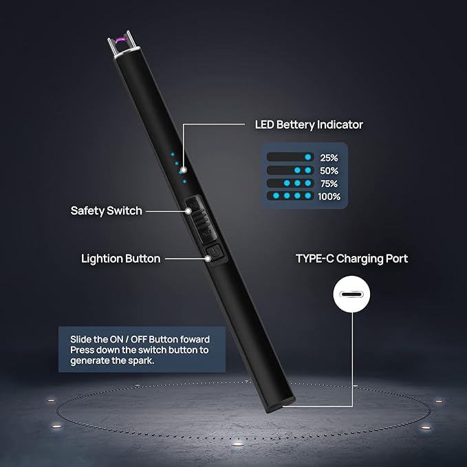 Lighter Candle Lighter, Electric Lighter USB Rechargeable Lighters Have Triple Safety and LED Battery Display, Windproof Flameless Plasma Arc Lighter for Candle Camping Grill (Black)