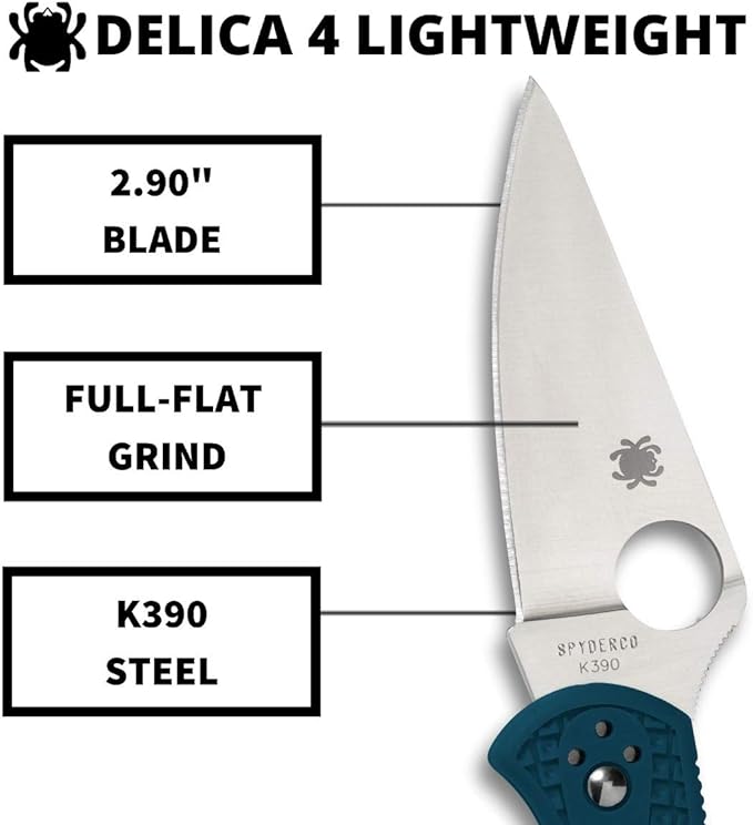 Spyderco Delica 4 Lightweight Knife with K390 Premium Steel Blade and Durable Blue FRN Handle - PlainEdge - C11FPK390