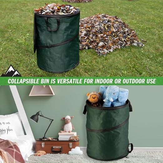 Wakeman Outdoor Trash Can - 46-Gallon Collapsible Garbage Can with 3 Stakes - Pop Up Trash Can for Camping, Storage, or Yard Waste Outdoors (Green)
