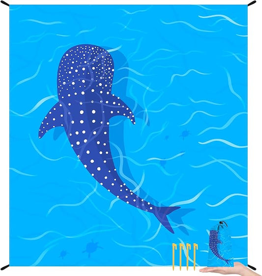 Blue Whale Beach Blanket Waterproof Sandproof, Large Beach Mat Sand Free for 2-4 Adults, Lightweight Outdoor Picnic Blanket for Travel, Camping, Hiking, Beach Essentials Accessories for Vacation