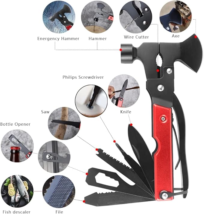 Multitool Axe Hammer Camping Tool, 14 in 1 Stainless Steel Multi tool with Hammer Axe Knife Plier Screwdrivers Saw Bottle Opener (Red) and Durable Sheath for Men Gifts