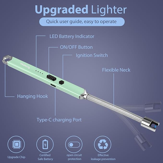 Electronic Candle Lighter Arc Windproof Flameless USB Rechargeable Electric Lighter (1 Pack - Green)