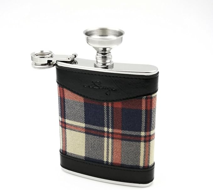 6oz Red Check and Black Leather Wrapped Hip Flask with a Funnel 18/8 Stainless Steel-YM113