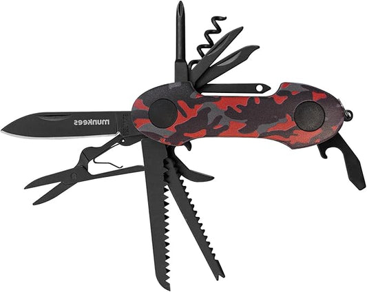 14-in-1 pocket multi-tool, camo stainless steel tool with blade, scissors, corkscrew, serrated, screwdriver, outdoor, fishing, hiking, camping Red