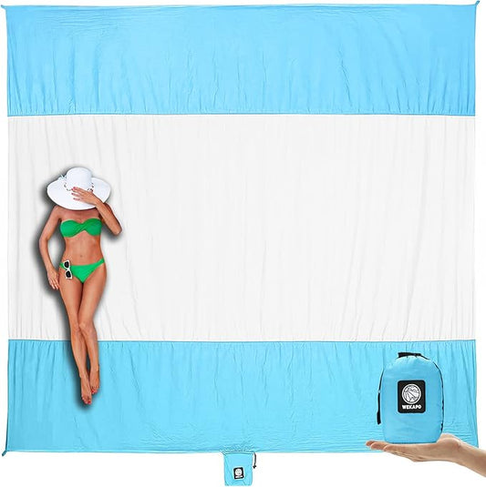 WEKAPO Beach Blanket Sandproof, Extra Large Beach Mat, Big & Compact Sand Free Mat Quick Drying, Lightweight & Durable with 6 Stakes & 4 Corner Pockets