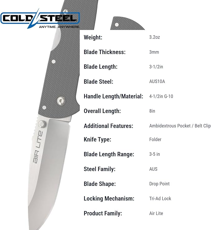 Cold Steel Air Lite 3.5" AUS10A Drop Point Blade 4.5" G-10 Handle Everyday Carry Compact Pocket Folding Knife w/Tri-Ad Lock