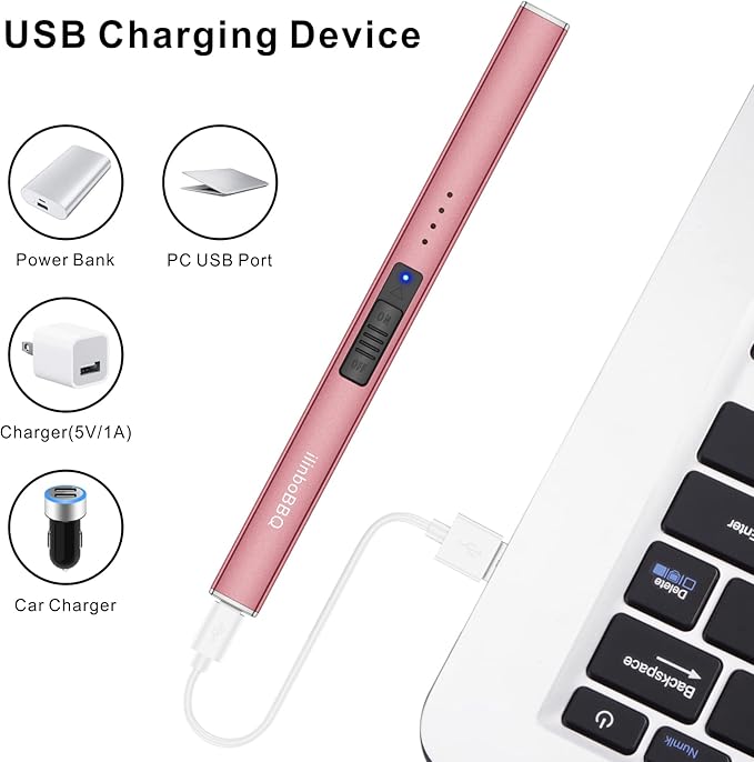 Electric Candle Lighter Camping Lighter USB Rechargeable Lighter Flameless Plasma Windproof Long Lighters for Candle Cooking BBQs Fireworks (Rose Gold)