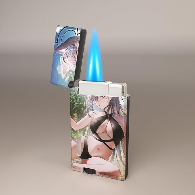 Anime Girl Windproof Flame Adjustable Lighter,Cool,Jet Torch Flame Lighters,Butane Refillable Torch,BBQ Candles Camping (No Butane Fuel)
