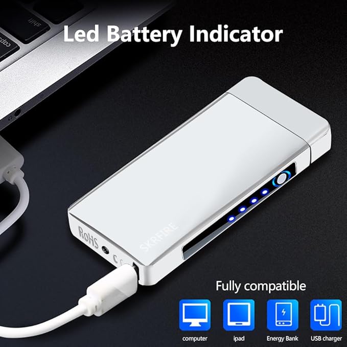 SKRFIRE Electric Lighters Candle Lighter Rechargeable USB Lighter Plasma Arc Big Flame Lighter with LED Battery Indication for Ignition, Candle, Incense, BBQ (Silver)