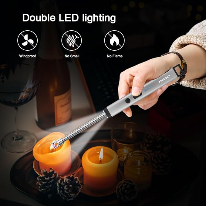 ARECTECH Lighter Candle Lighter Electric Lighter Rechargeable USB Arc Lighters for Candle Camping Fireworks Christmas Birthday Gifts with LED Light for Men Women Silver