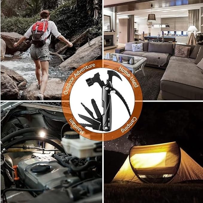 Camping Hammer Pocket Multitool, 12-in-1 Safety Locking Survival Gear Multi Tools Hammer Stocking Stuffers for Men Dad Gifts