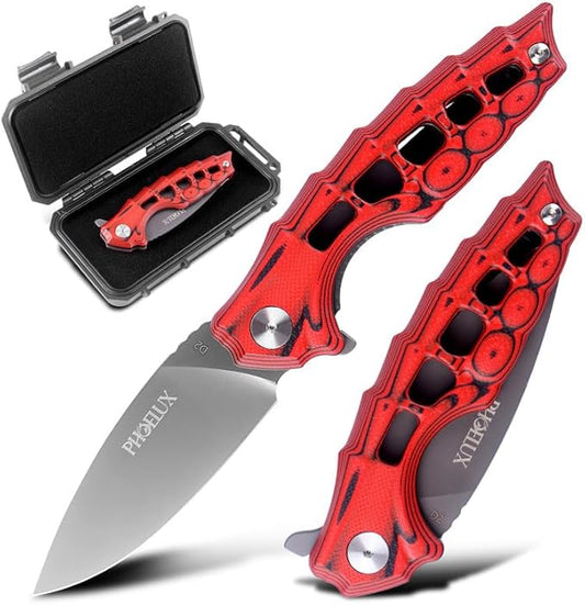7.51" Pocket Folding Knife- D2 Blade and G10 Handle(Red Feather Pattern) EDC Knife with Pocket Clip, Liner Lock and Waterproof Box, Good for Survival Camping, Outdoor, Hiking, Hunting