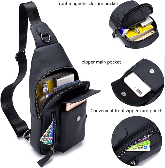 KPYWZER Leather Sling Bag Hiking Daypack for Men Women Outdoor Travel Camping Fishing Crossbody Shoulder Chest Pack Backpack Daypack Black
