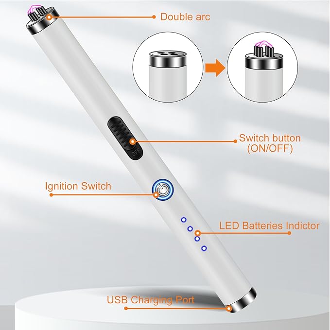 Lighter, Electric Candle Lighter Rechargeable USB Arc Lighters for Camping BBQ Sports - White