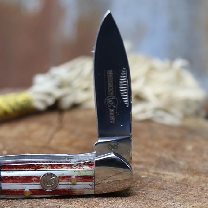 WHISKEY BENT HAT CO. Traditional Canoe Folding Pocket Knife w/Filework 3.63" Closed Length 440C Stainless Steel Blades (Patriot)